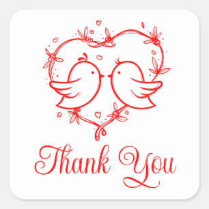 Whimsical Lovebirds Boho Red Heart Thank You Square Sticker