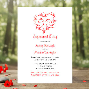 Whimsical Lovebirds Boho Red Love Heart Engagement Invitation