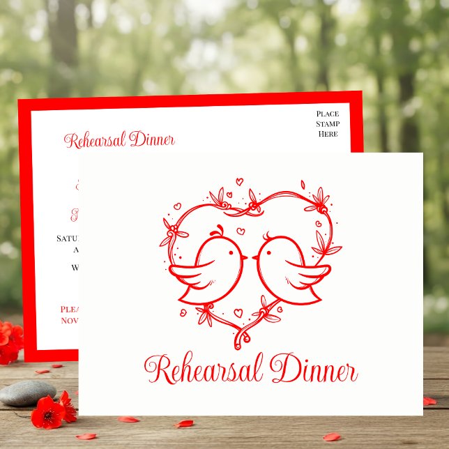 Whimsical Lovebirds Boho Red Love Heart Rehearsal  Invitation Postcard (Creator Uploaded)