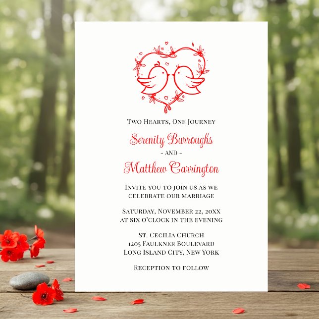 Whimsical Lovebirds Boho Red Love Heart Wedding  Invitation (Creator Uploaded)
