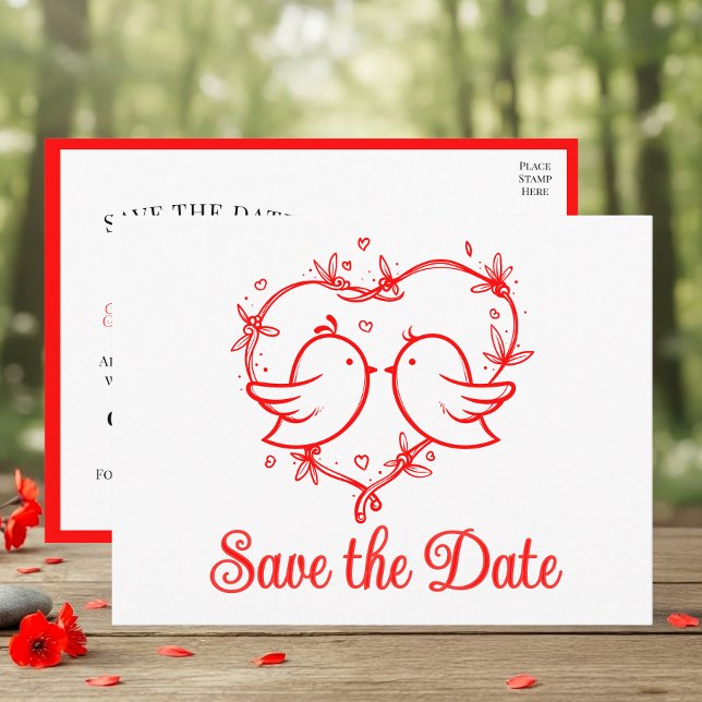 Whimsical Lovebirds Boho Red Wedding Save the Date Announcement Postcard (Creator Uploaded)