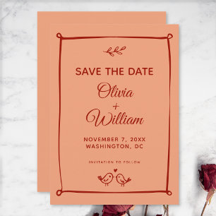 Whimsical Lovebirds, Orange and Red Wedding Save The Date