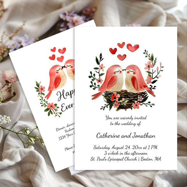 Whimsical Lovebirds Pink Hearts Wedding | Invitation (Creator Uploaded)