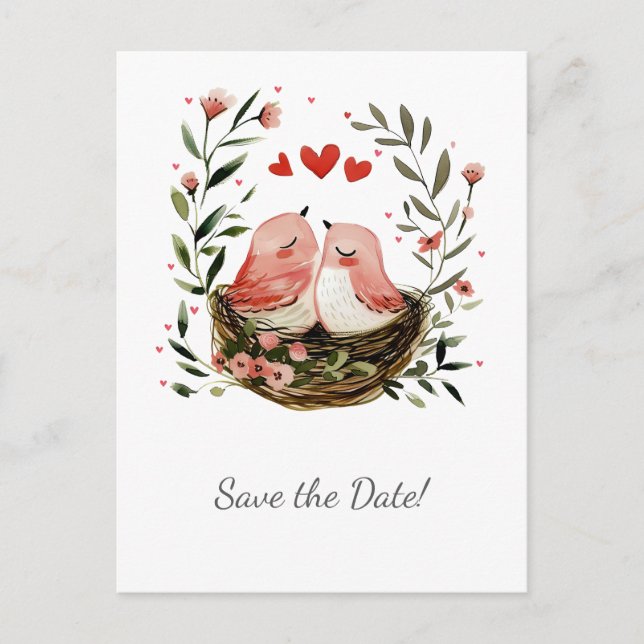 Whimsical Lovebirds Save The Date | Announcement Postcard (Front)