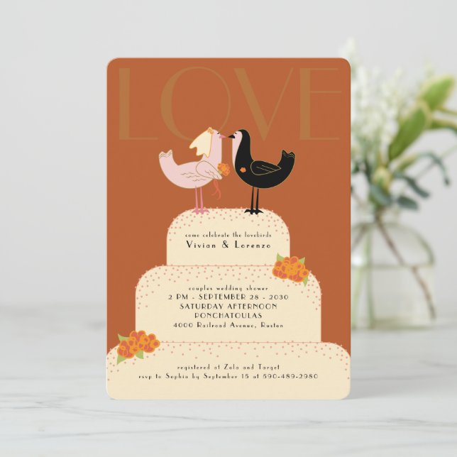 Whimsical Lovebirds Wedding Cake Couples Shower Invitation (Standing Front)