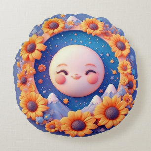 Whimsical Lunar Scene Surrounded by Sunflowers Round Cushion