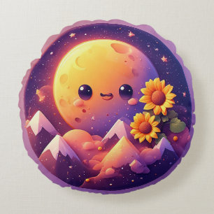 Whimsical Lunar Scene Surrounded by Sunflowers Round Cushion