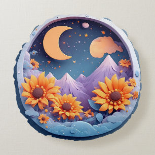 Whimsical Lunar Scene Surrounded by Sunflowers Round Cushion