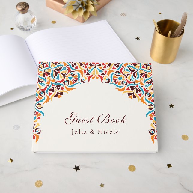 Whimsical Luxury Ivory Floral Style Border Wedding Guest Book (Front Open)