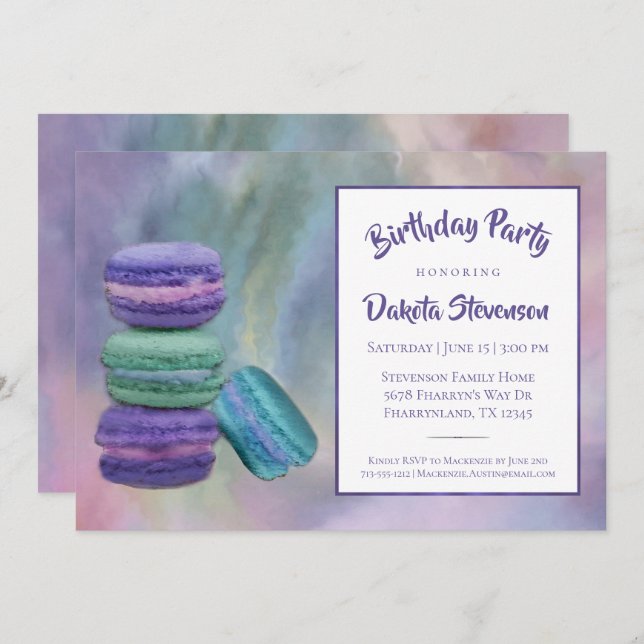 Whimsical Macarons | French Sweets Pastel Birthday Invitation (Front/Back)