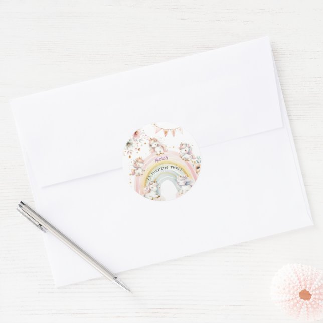Whimsical magic pastel unicorn kids birthday classic round sticker (Envelope)