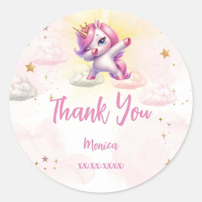 Whimsical magic pink dabbing unicorn kids birthday classic round sticker (Front)