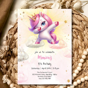 Whimsical magic pink dabbing unicorn kids birthday invitation