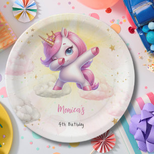Whimsical magic pink dabbing unicorn kids birthday paper plate