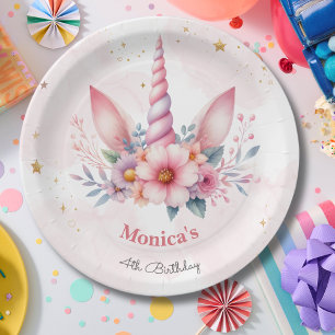 Whimsical magic pink unicorn horn kids birthday paper plate