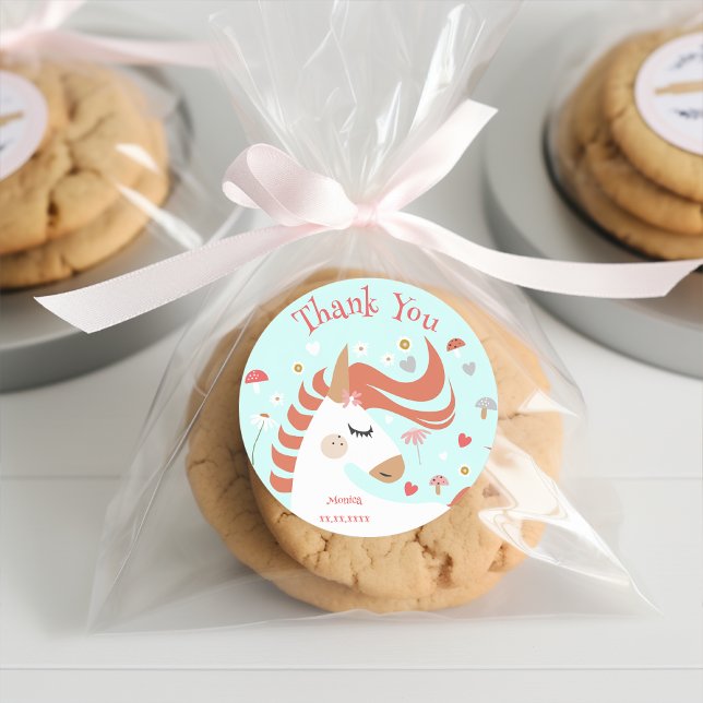 Whimsical magic unicorn kids birthday thank you classic round sticker (Creator Uploaded)