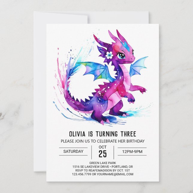 Whimsical Magical Dragon Digital Girl Birthday Invitation (Front)