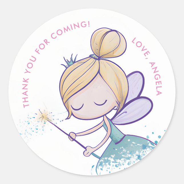 Whimsical Magical Fairy Thank You Birthday Classic Round Sticker (Front)