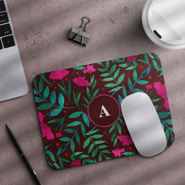 Whimsical magical garden magenta & green monogram mouse mat (Creator Uploaded)