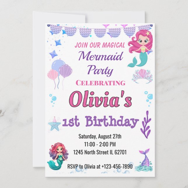 Whimsical Magical Mermaid Birthday Invitation (Front)