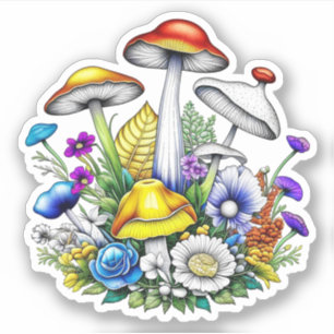 Whimsical Magical Mushrooms and Flowers