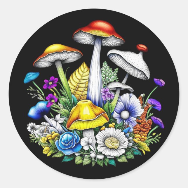 Whimsical Magical Mushrooms and Flowers Classic Round Sticker (Front)