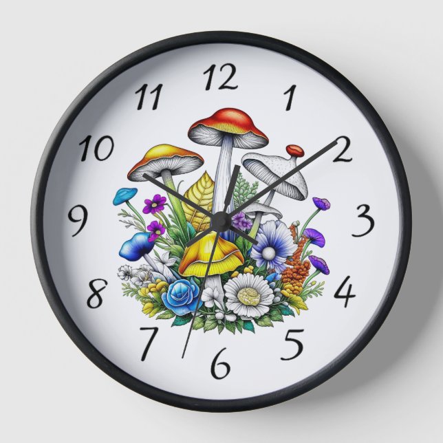 Whimsical Magical Mushrooms and Flowers Clock (Front)