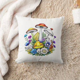 Whimsical Magical Mushrooms and Flowers Cushion