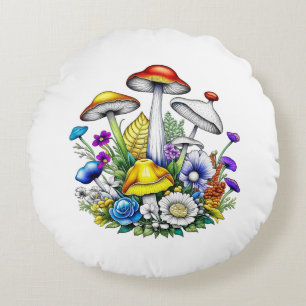 Whimsical Magical Mushrooms and Flowers Round Cushion
