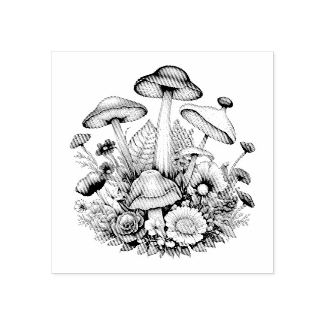 Whimsical Magical Mushrooms and Flowers Rubber Stamp (Imprint)
