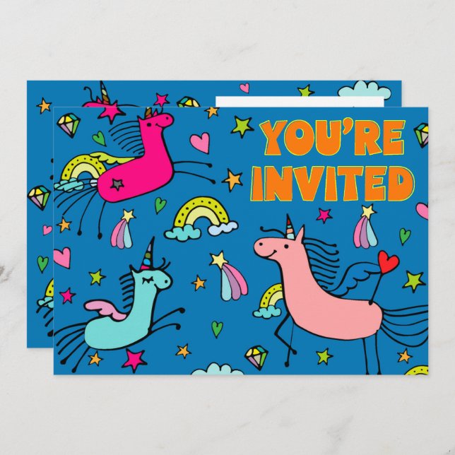 Whimsical Magical Unicorn Birthday Party Invitation (Front/Back)