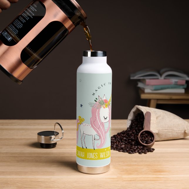 Whimsical Magical Unicorn Pink Aqua Princess Kids Water Bottle (Coffee)