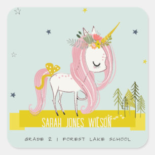 Whimsical Magical Unicorn Pink Aqua Teal Princess Square Sticker