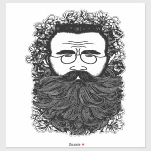 Whimsical Man Beard Moustache Flowers Art