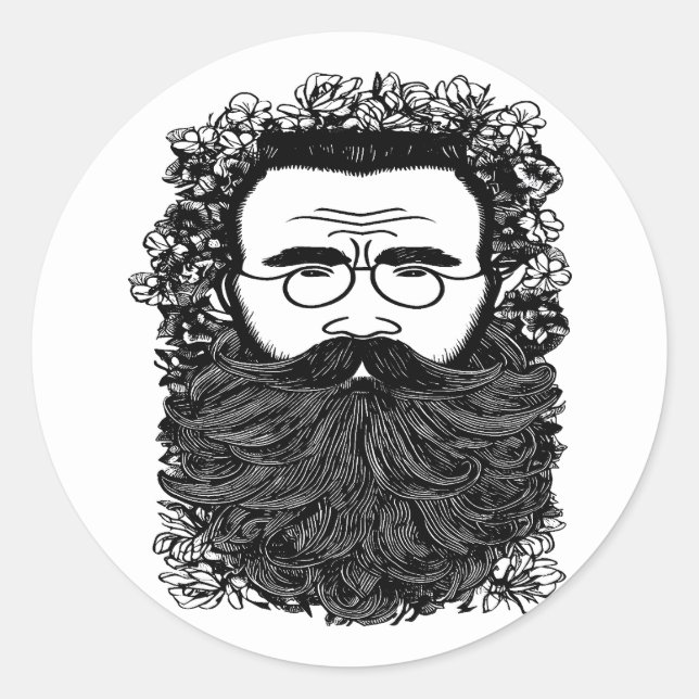 Whimsical Man Beard Moustache Flowers Art Classic Round Sticker (Front)