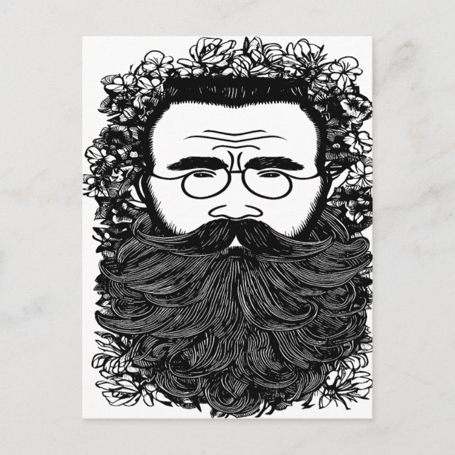 Whimsical Man Beard Moustache Flowers Art  Postcard (Front)