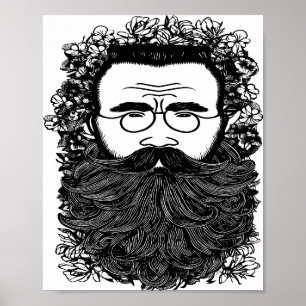 Whimsical Man Beard Moustache Flowers Art Poster
