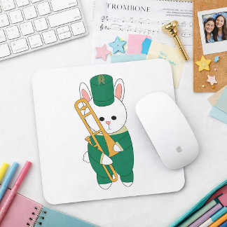 Whimsical Marching Bunny Musician Trombone Green Mouse Mat