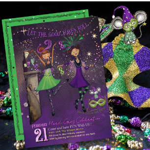 Whimsical Mardi Gras Dancing Girls Green & Purple  Invitation