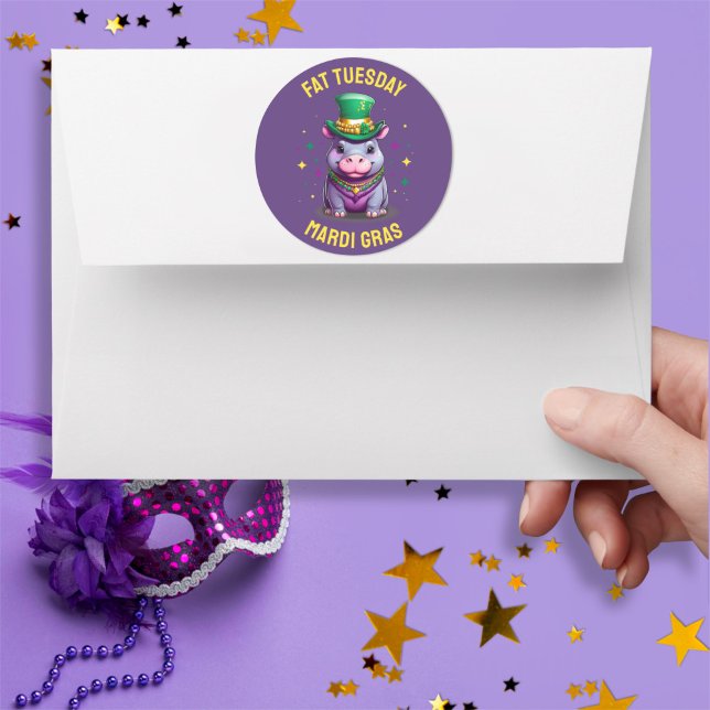 Whimsical Mardi Gras Fat Tuesday Hippo Sticker (Creator Uploaded)