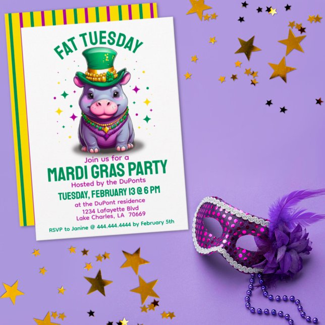 Whimsical Mardi Gras Fat Tuesday Hippo with Beads Invitation (Creator Uploaded)