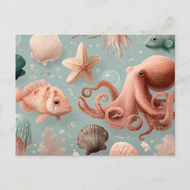 Whimsical Marine Life Pattern Postcard (Front)