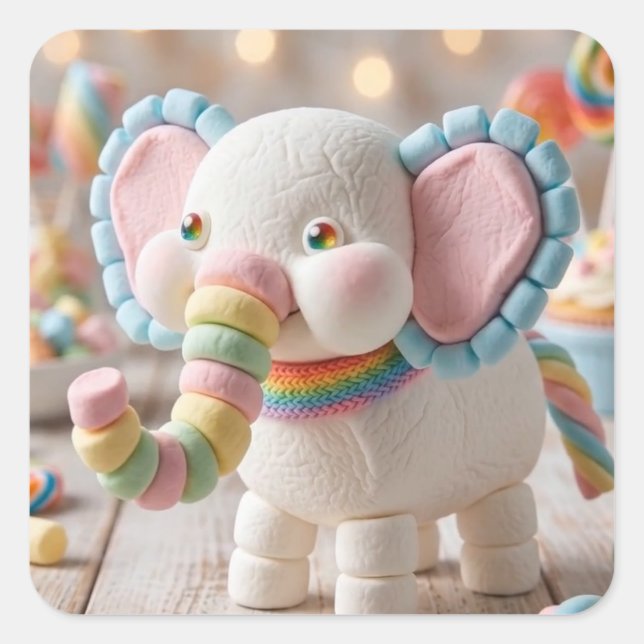 Whimsical Marshmallow Elephant and Pastel Candies Square Sticker (Front)
