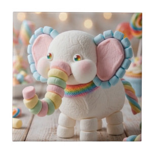 Whimsical Marshmallow Elephant and Pastel Candies Tile