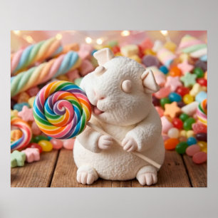Whimsical Marshmallow Guinea Pig and Lollipop Poster
