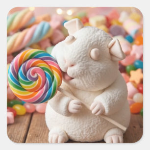 Whimsical Marshmallow Guinea Pig and Lollipop Square Sticker