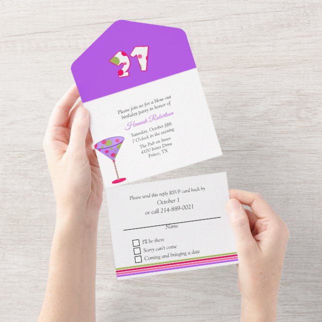Whimsical Martini Glass 21st Birthday Party All In One Invitation (Tearaway)