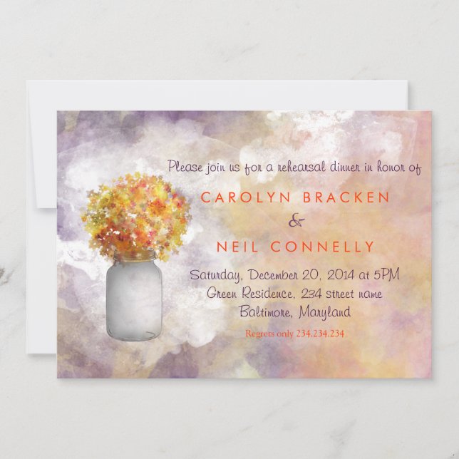 Whimsical Masonjar/Yellow Flowers Rehearsal Dinner Invitation (Front)