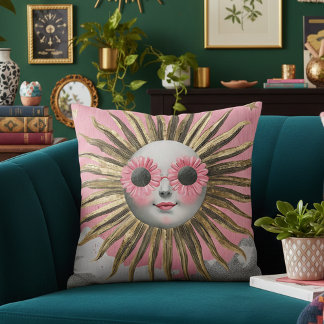 Whimsical Maximalist Celestial Sun Pink Floral Sun Cushion