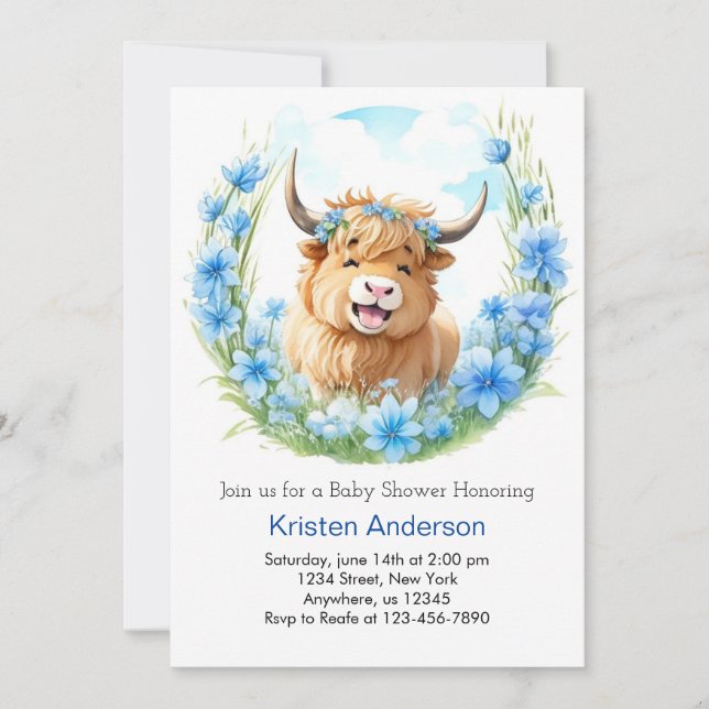 Whimsical Meadow Highland Cow Boy Baby Shower Invitation (Front)